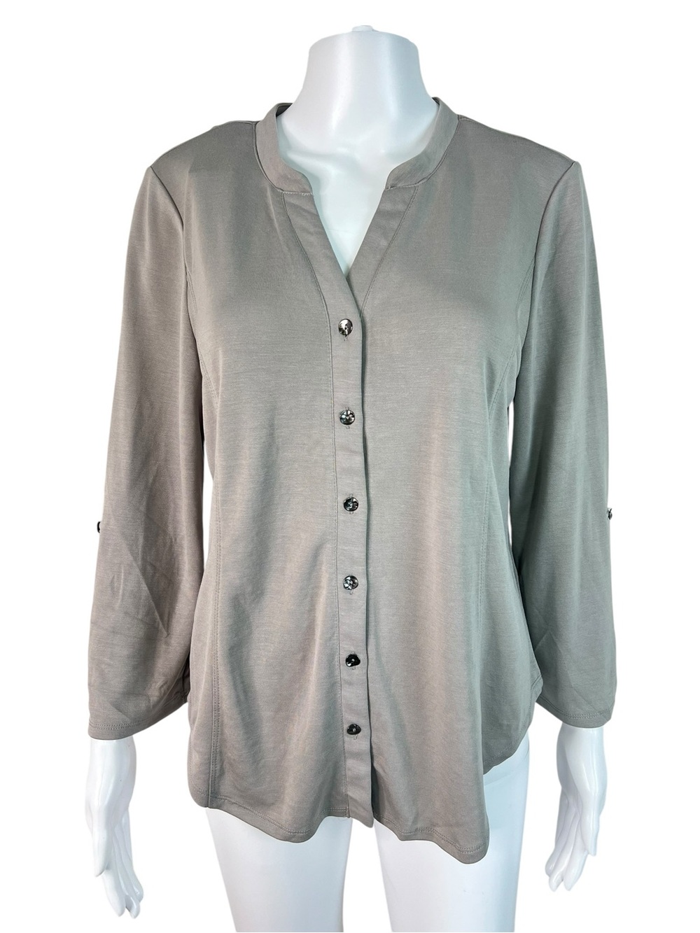 Cable & Gauge Button-Front Top Knit Blouse in Gray NWT